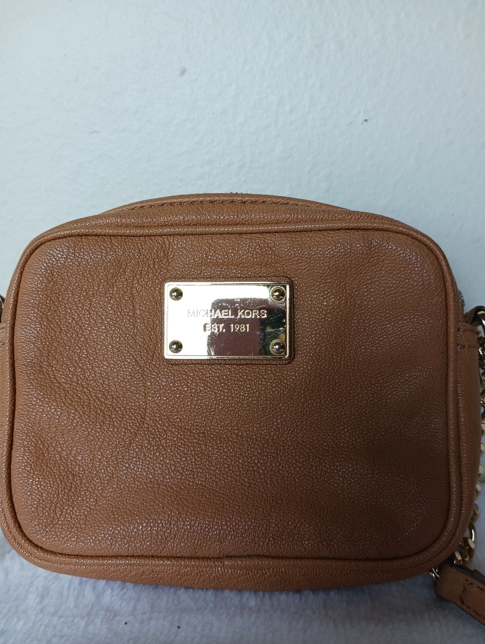 Michael Kors Cognac Brown Leather Camera Bag with Gold Plaque